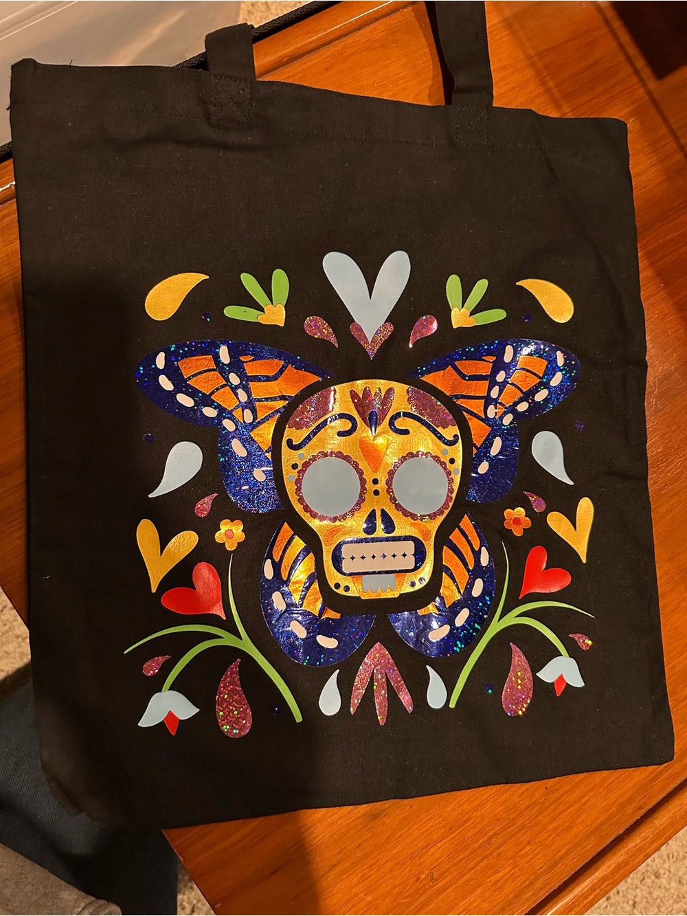 Black Tote Bag with Colorful Sugar Skull Butterfly Design